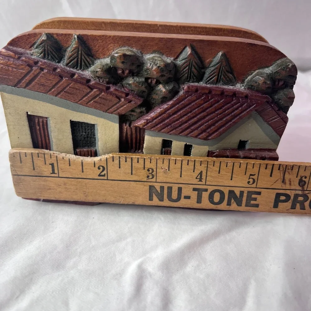 Vintage Hand Carved Wood Village Napkin Holder Letter Organizer Folk Art 6x4